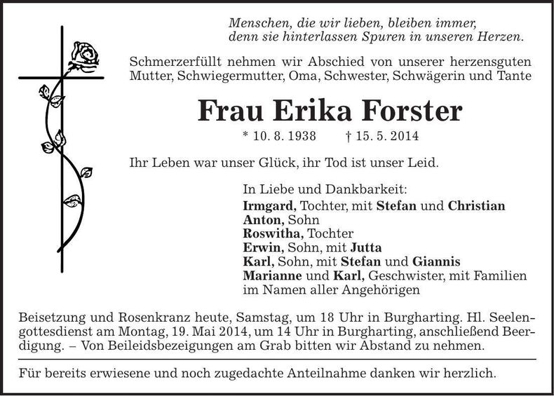 Traueranzeige Erika Forster
