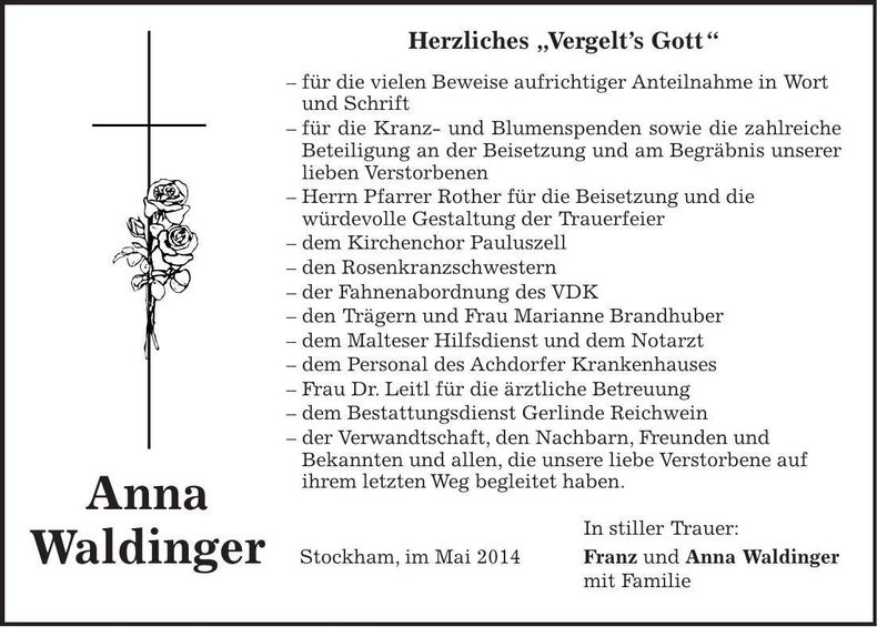 Traueranzeige Anna Waldinger