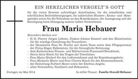 Traueranzeige Maria Hebauer