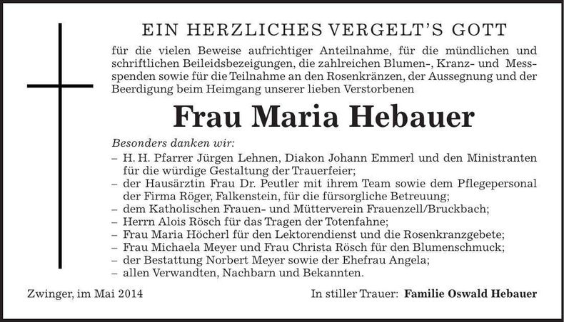 Traueranzeige Maria Hebauer