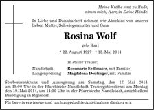 Traueranzeige Rosina Wolf