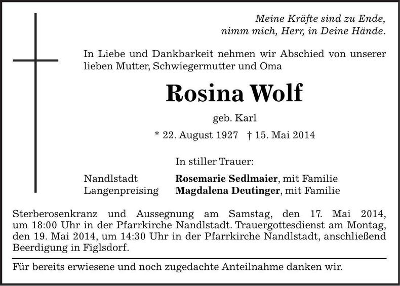 Traueranzeige Rosina Wolf