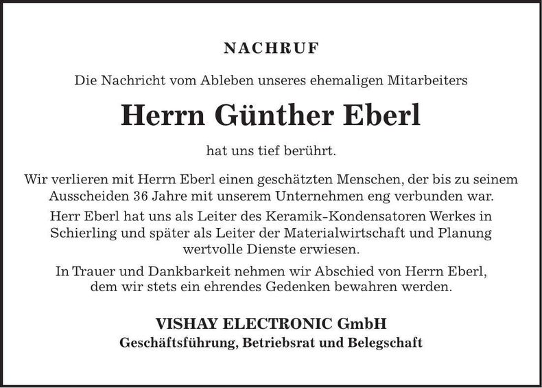 Traueranzeige Günther Eberl