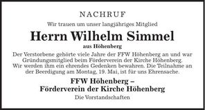 Traueranzeige Wilhelm Simmel