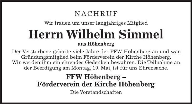 Traueranzeige Wilhelm Simmel