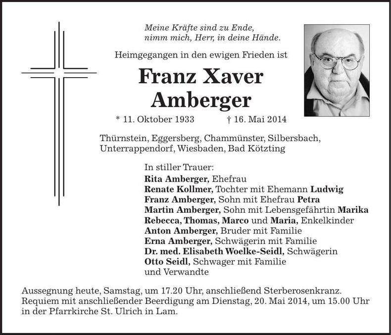 Traueranzeige Franz-Xaver Amberger