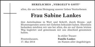 Traueranzeige Sabine Lankes