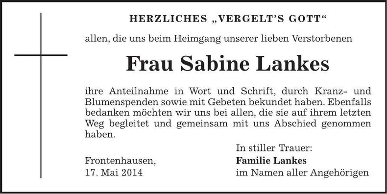 Traueranzeige Sabine Lankes