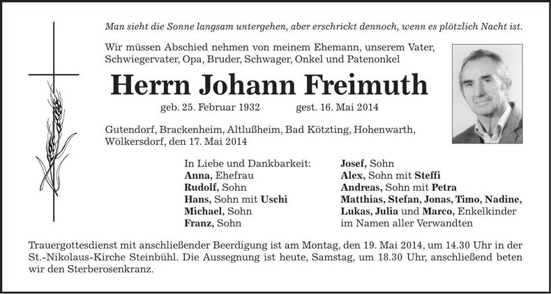 Traueranzeige Johann Freimuth