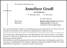 Traueranzeige Anneliese Gradl