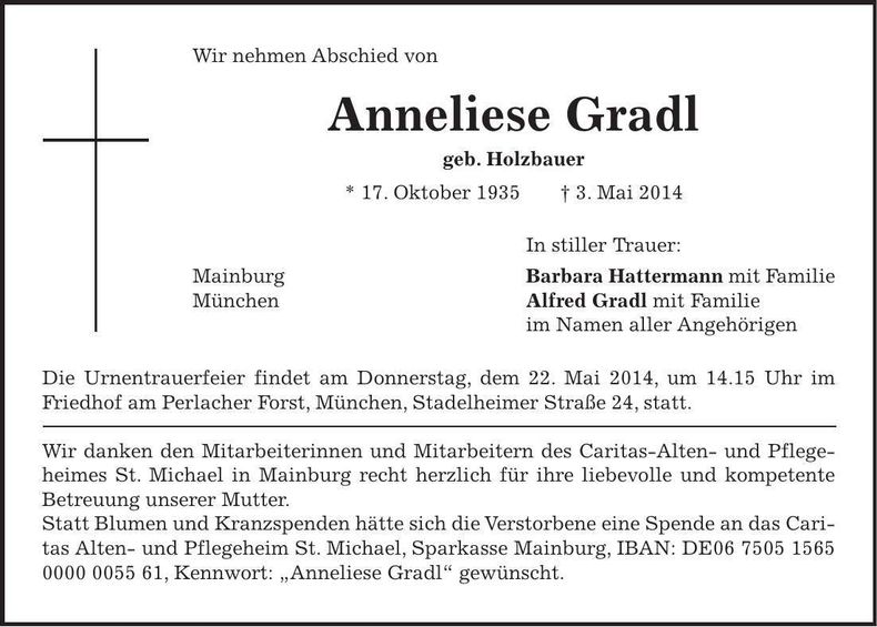 Traueranzeige Anneliese Gradl