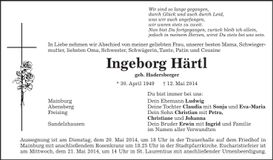 Traueranzeige Ingeborg Härtl