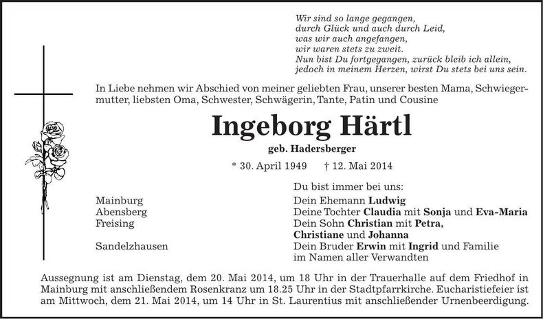 Traueranzeige Ingeborg Härtl