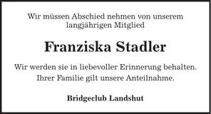 Traueranzeige Franziska Stadler