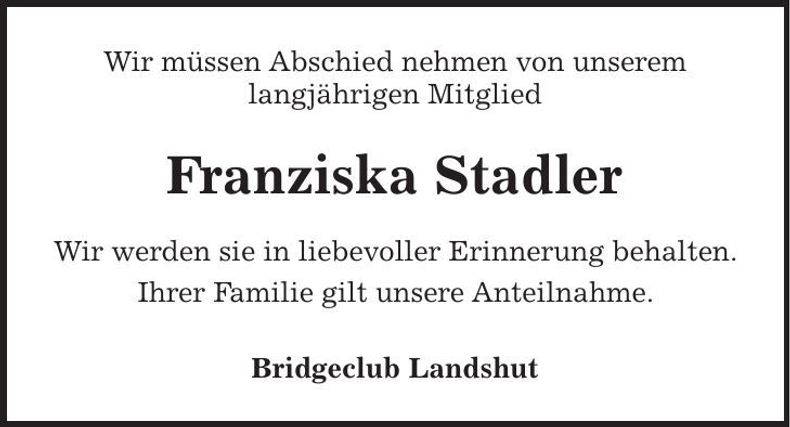 Traueranzeige Franziska Stadler