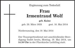 Traueranzeige Irmentraud Wolf