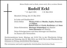Traueranzeige Rudolf Eckl