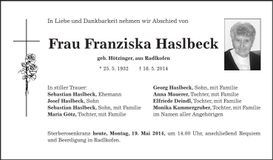 Traueranzeige Franziska Haslbeck