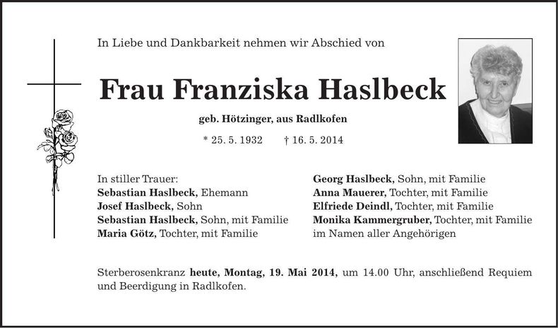 Traueranzeige Franziska Haslbeck