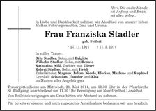 Traueranzeige Franziska Stadler