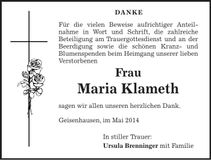 Traueranzeige Maria Klameth