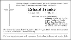 Traueranzeige Erhard Franke