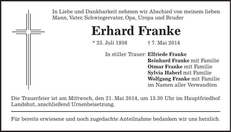 Traueranzeige Erhard Franke