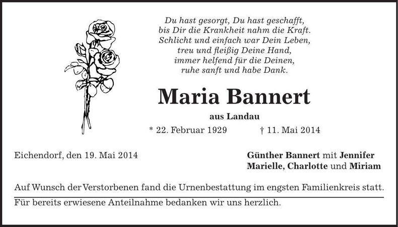 Traueranzeige Maria Bannert