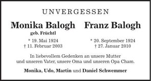 Traueranzeige Monika und Franz Balogh