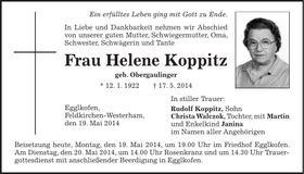 Traueranzeige Helene Koppitz