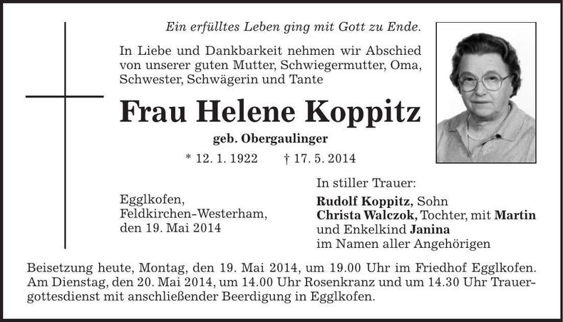Traueranzeige Helene Koppitz