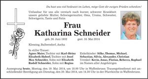 Traueranzeige Katharina Schneider