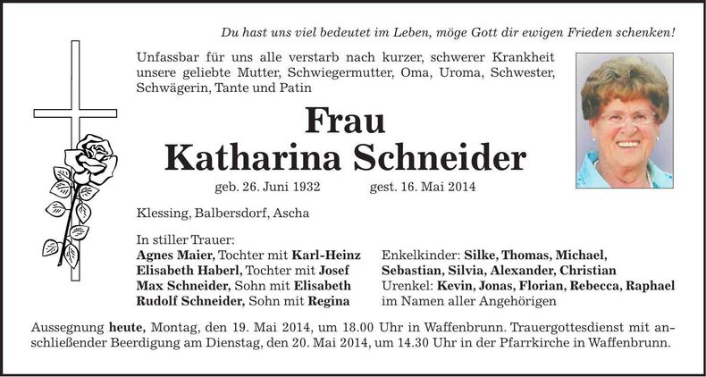Traueranzeige Katharina Schneider