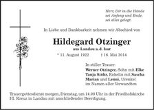 Traueranzeige Hildegard Otzinger
