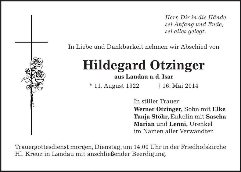 Traueranzeige Hildegard Otzinger