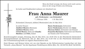 Traueranzeige Anna Maurer
