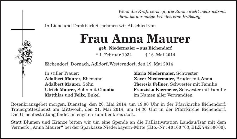 Traueranzeige Anna Maurer