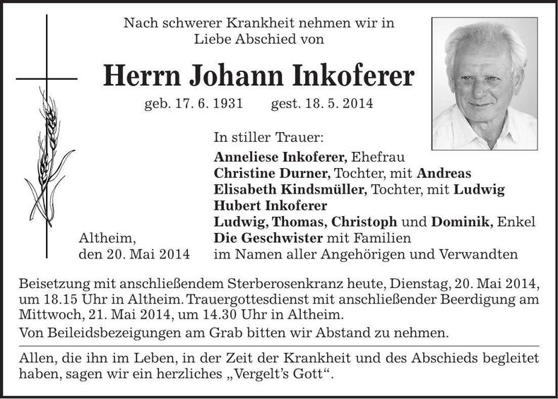 Traueranzeige Johann Inkoferer