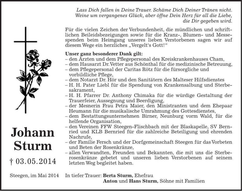 Traueranzeige Johann Sturm