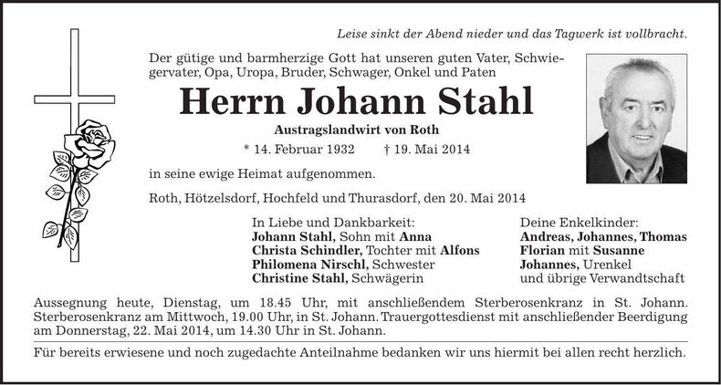Traueranzeige Johann Stahl