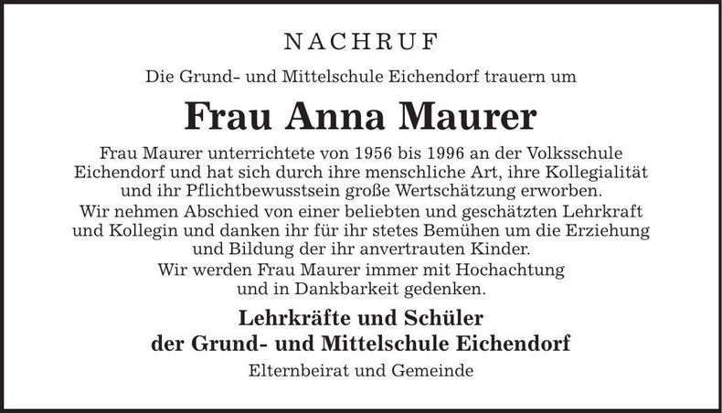 Traueranzeige Anna Maurer