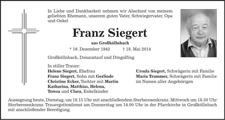 Traueranzeige Franz Siegert