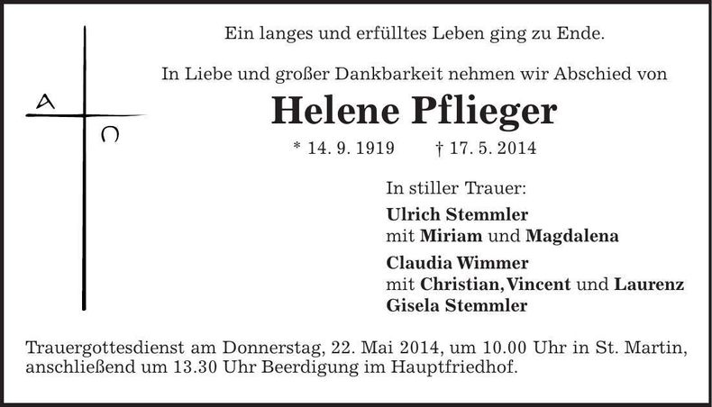 Traueranzeige Helene Pflieger