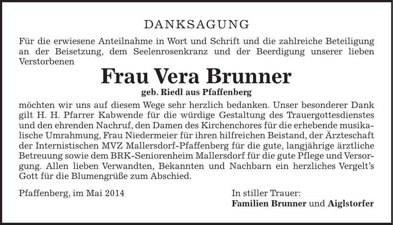 Traueranzeige Vera Brunner