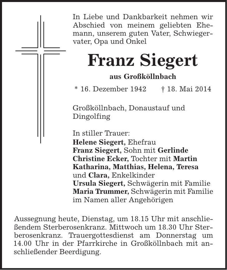 Traueranzeige Franz Siegert