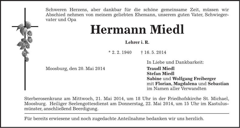 Traueranzeige Hermann Miedl