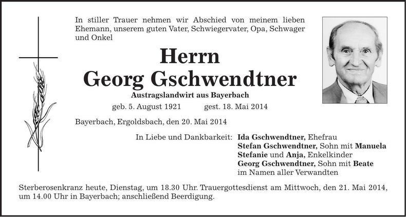 Traueranzeige Georg Gschwendtner