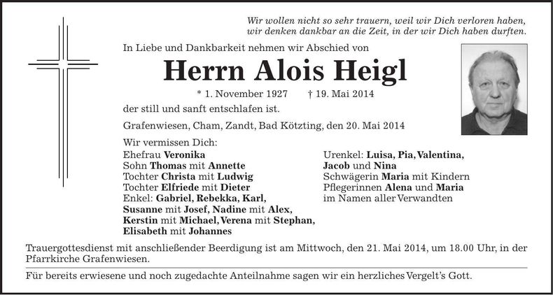 Traueranzeige Alois Heigl