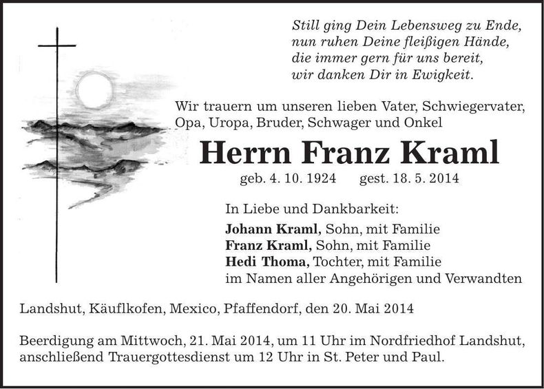 Traueranzeige Franz Kraml