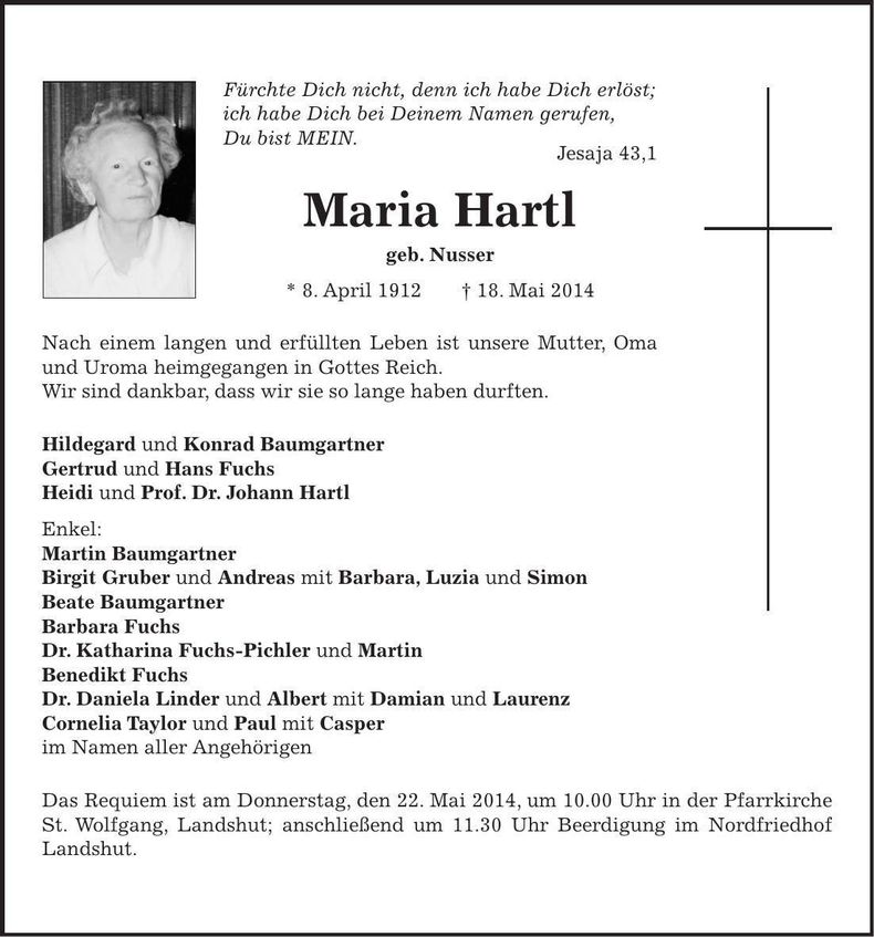 Traueranzeige Maria Hartl